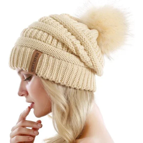 Women's Beige 100% Acrylic Cable Knit Beanie Faux Fur Winter Warm Slouchy Hat - Picture 3 of 6